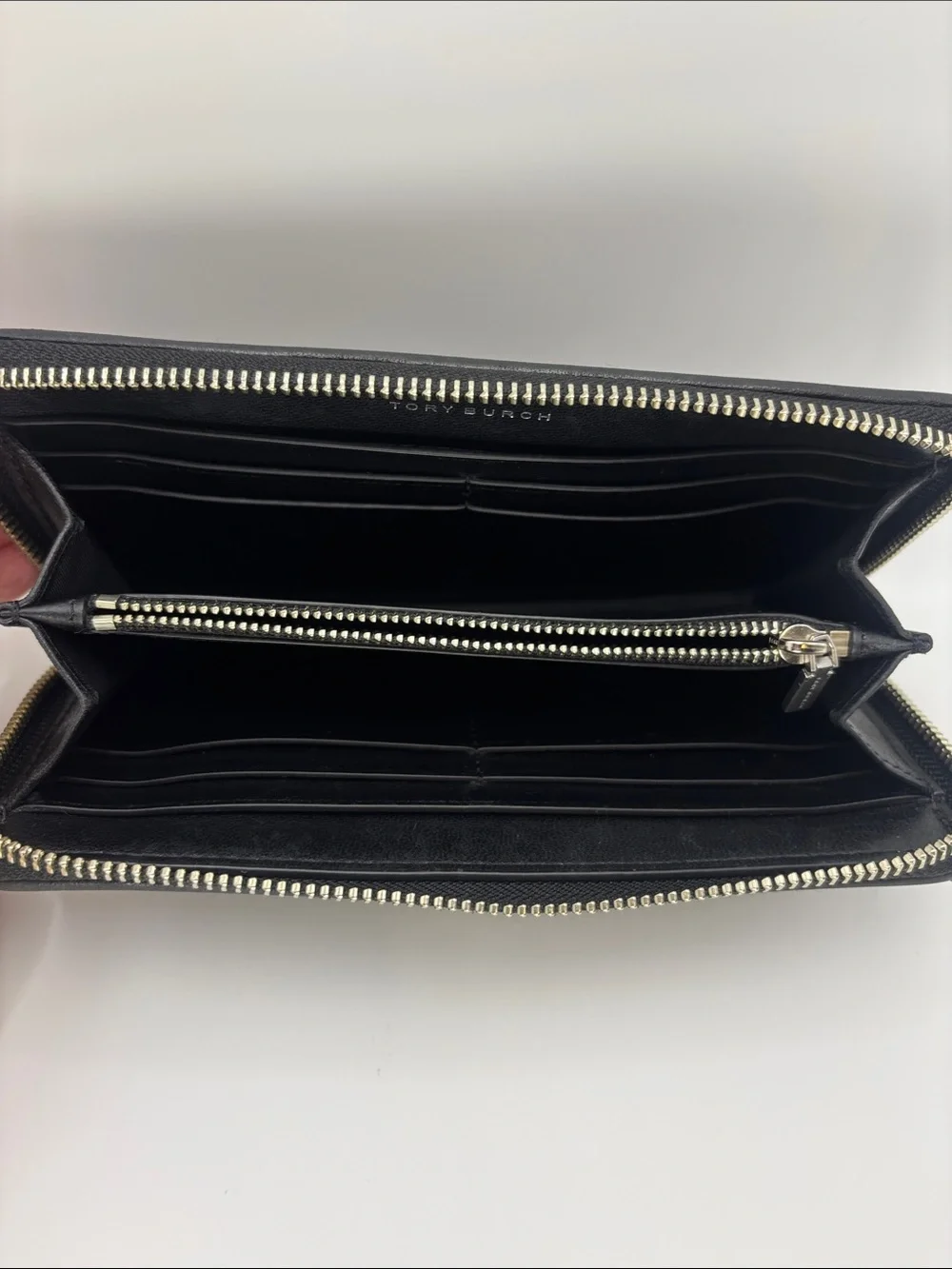 Tory Burch Black Quilted Zip Wallet with Silver Logo